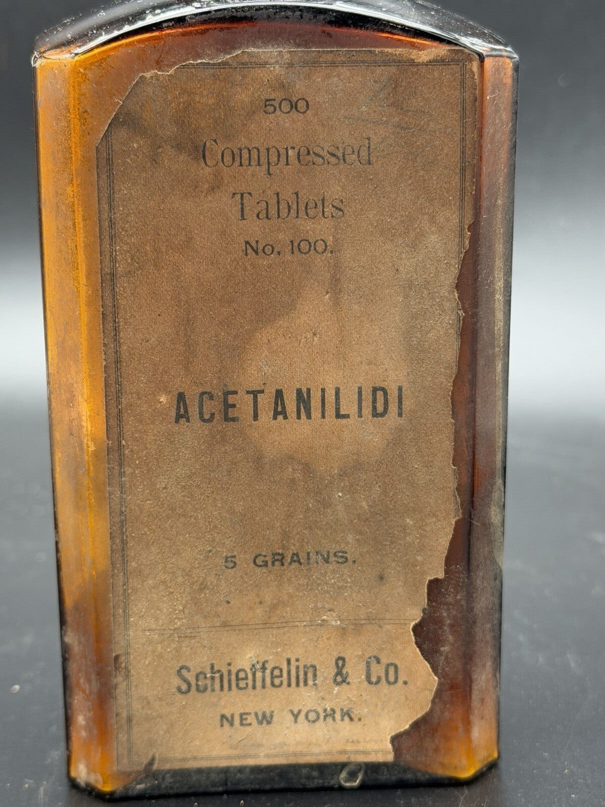 Antique Schieffelin and Co. Acetanilide Amber Glass Bottle w Label Quack Medicine