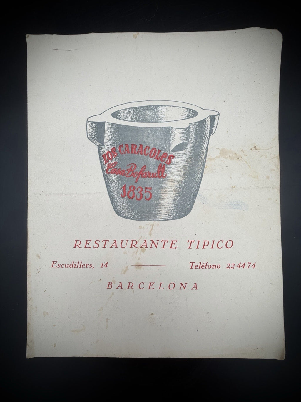 Vintage Ephemera Los Caracoles Restaurant Menu Barcelona Casa Bofarull 1835