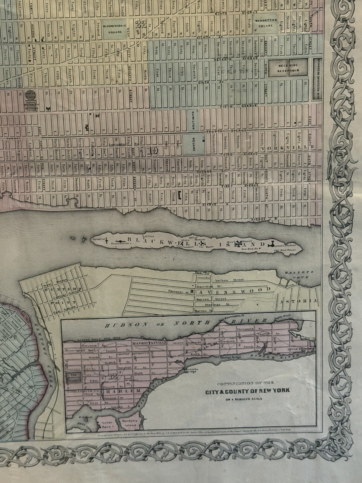 1855 J.H. Colton Antique Map of New York & Adjacent Cities Original Hand Color