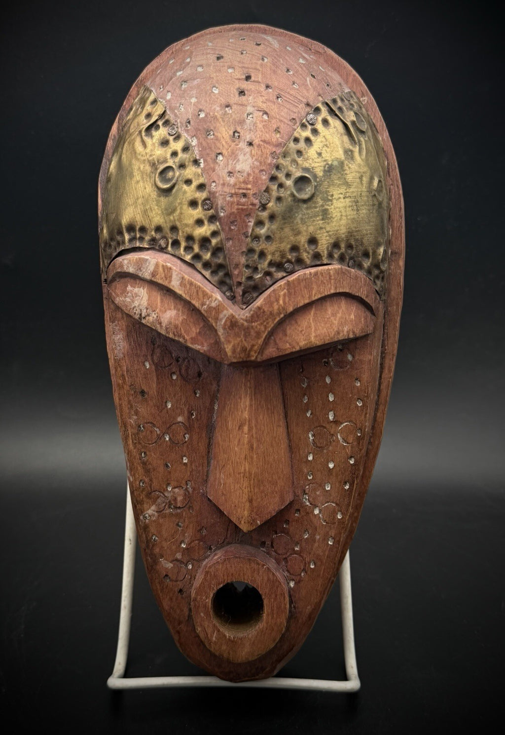 Hand Carved African Wood Mask Brass Metal Inlay Wall Art Decor Made in Ghana 11"