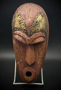 Hand Carved African Wood Mask Brass Metal Inlay Wall Art Decor Made in Ghana 11"