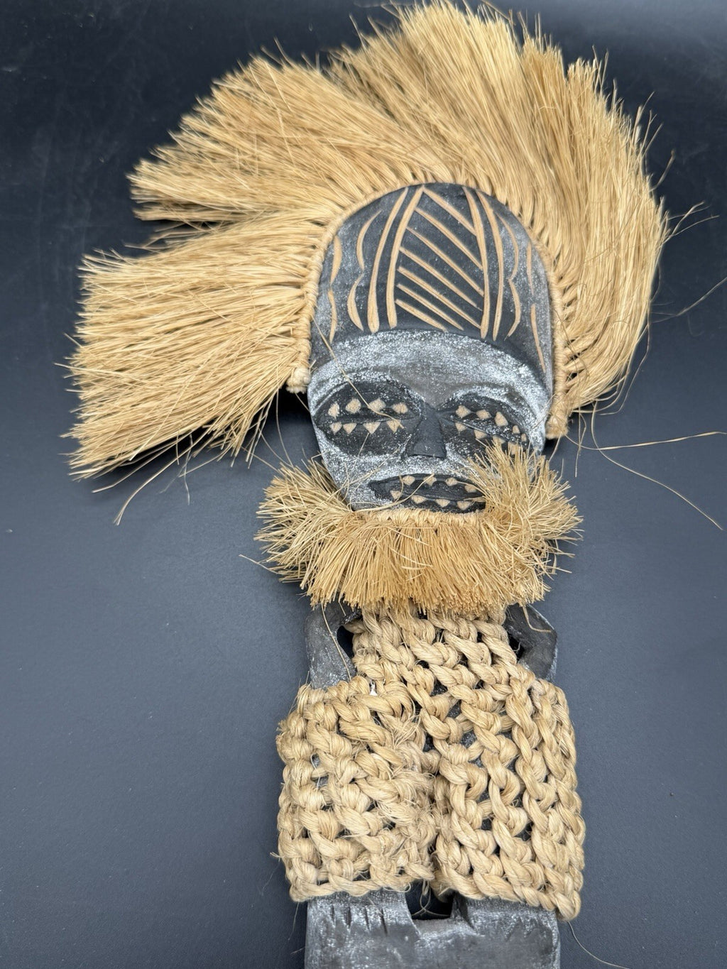 Vintage African Barotse Society Carved Wood Figure Raffia Zambesi Ritual Mask