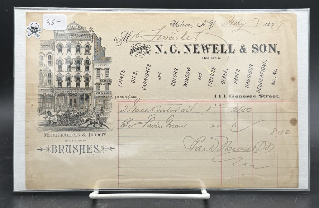 1879 N.C. Newell and Son Invoice – Utica NY Paint Glass Storefront Art Ephemera