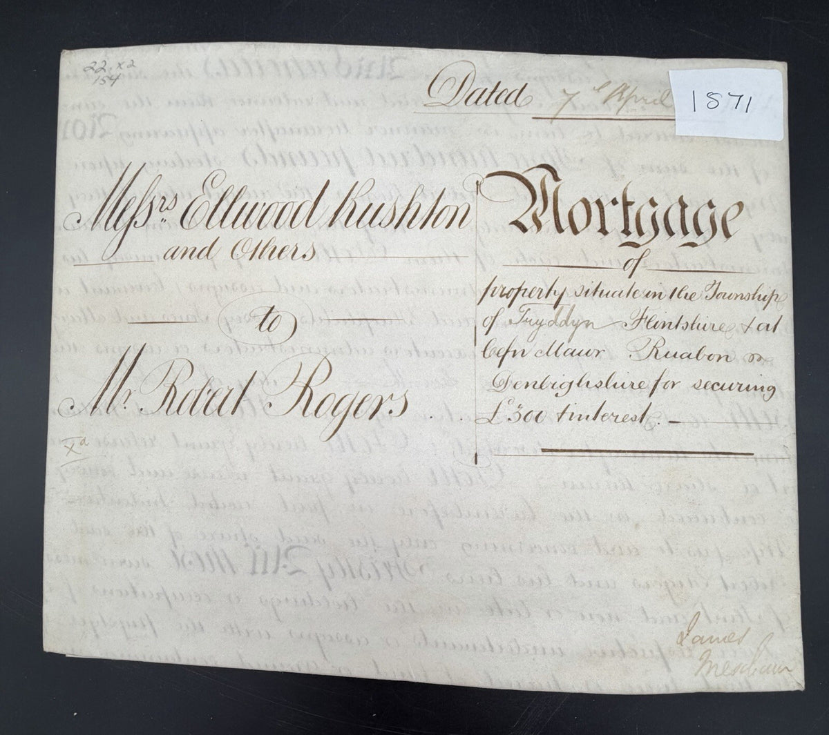 1871 Antique Vellum Mortgage Deed: Flintshire & Denbighshire, Wales (Signed)