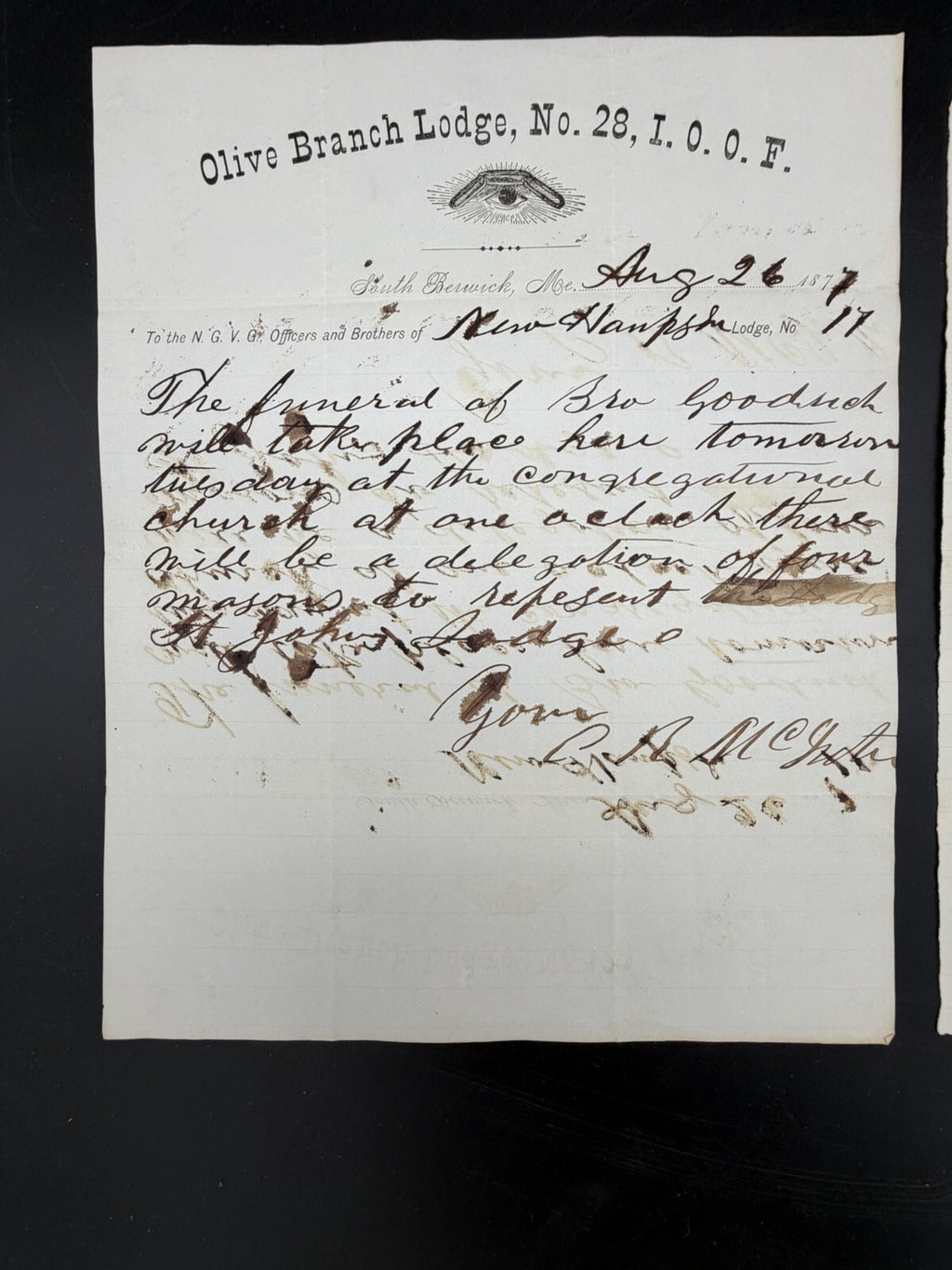 1877 I.O.O.F. Fraternal Correspondence - Funeral Arrangements South Berwick ME