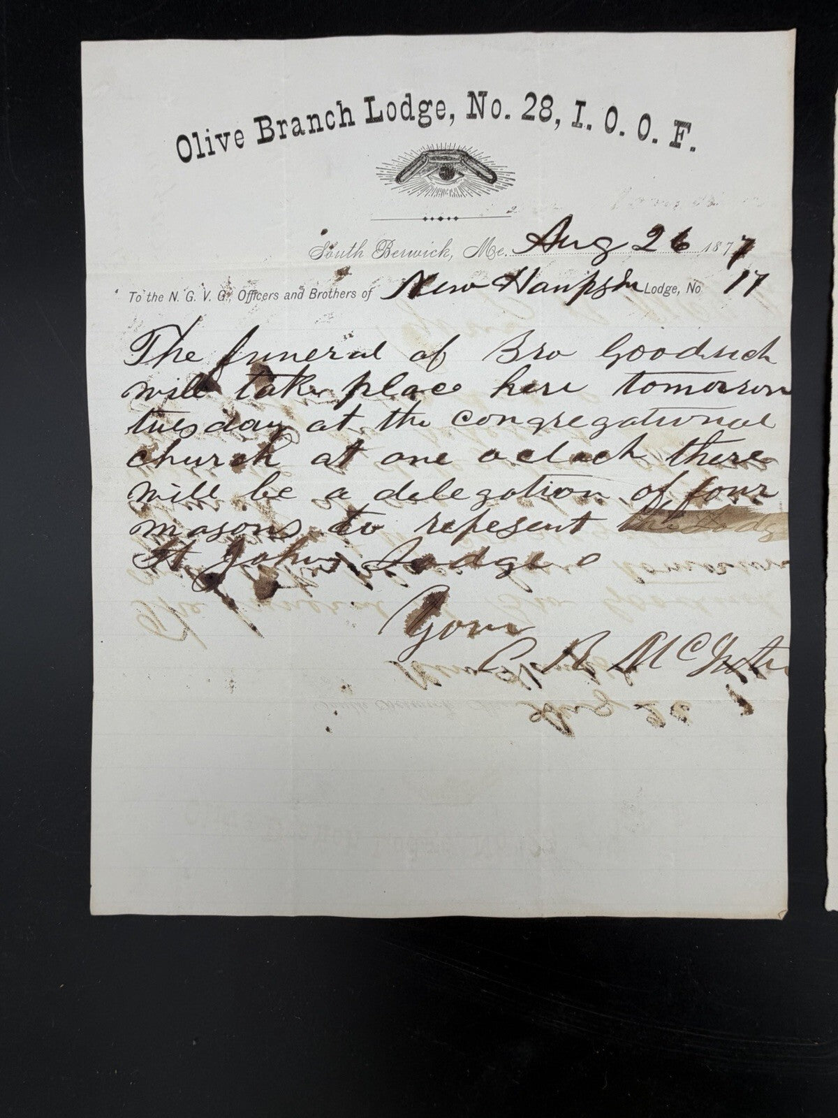 1877 I.O.O.F. Fraternal Correspondence - Funeral Arrangements South Berwick ME