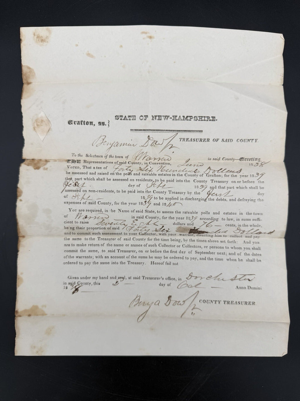 1838 Warren NH Tax Warrant – Historical Grafton County Document