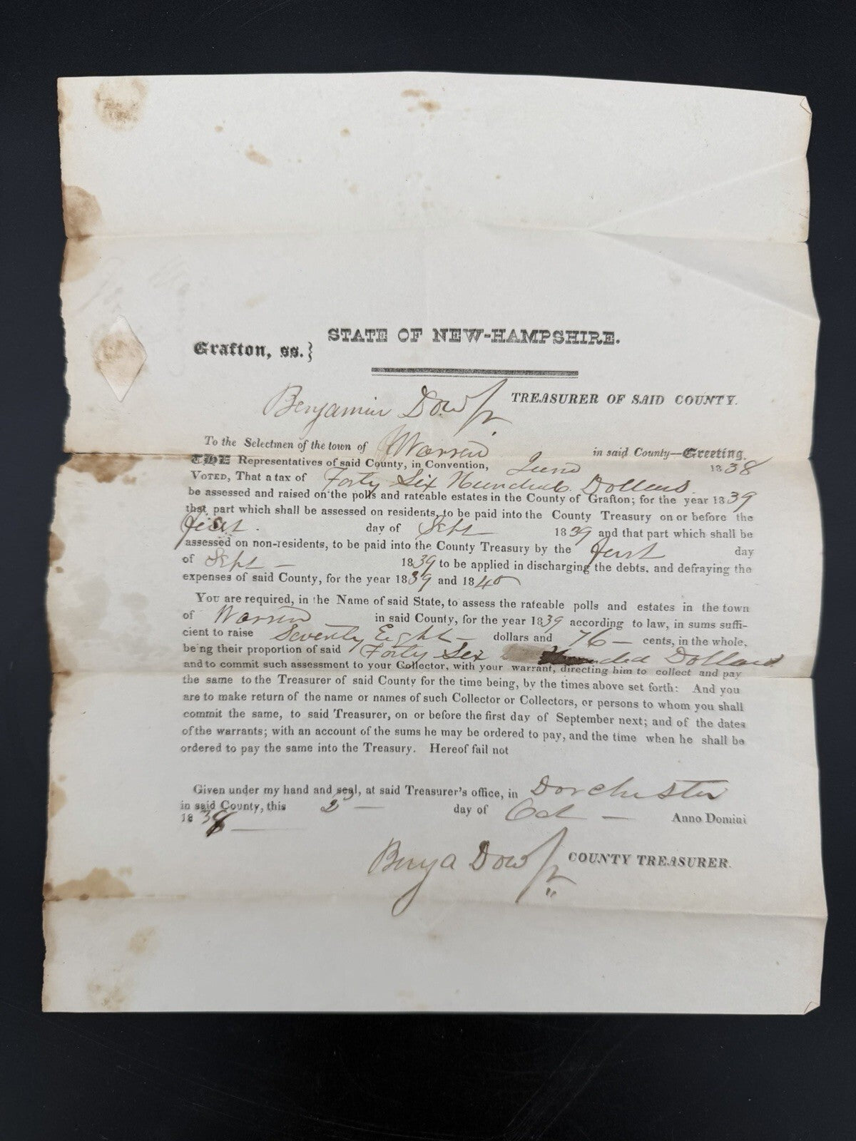 1838 Warren NH Tax Warrant – Historical Grafton County Document