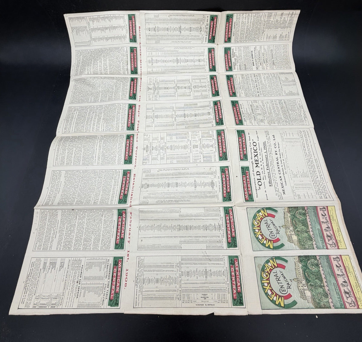1906 Mexican Central Railway Ephemera Map & Schedule Vintage Railroad Ephemera