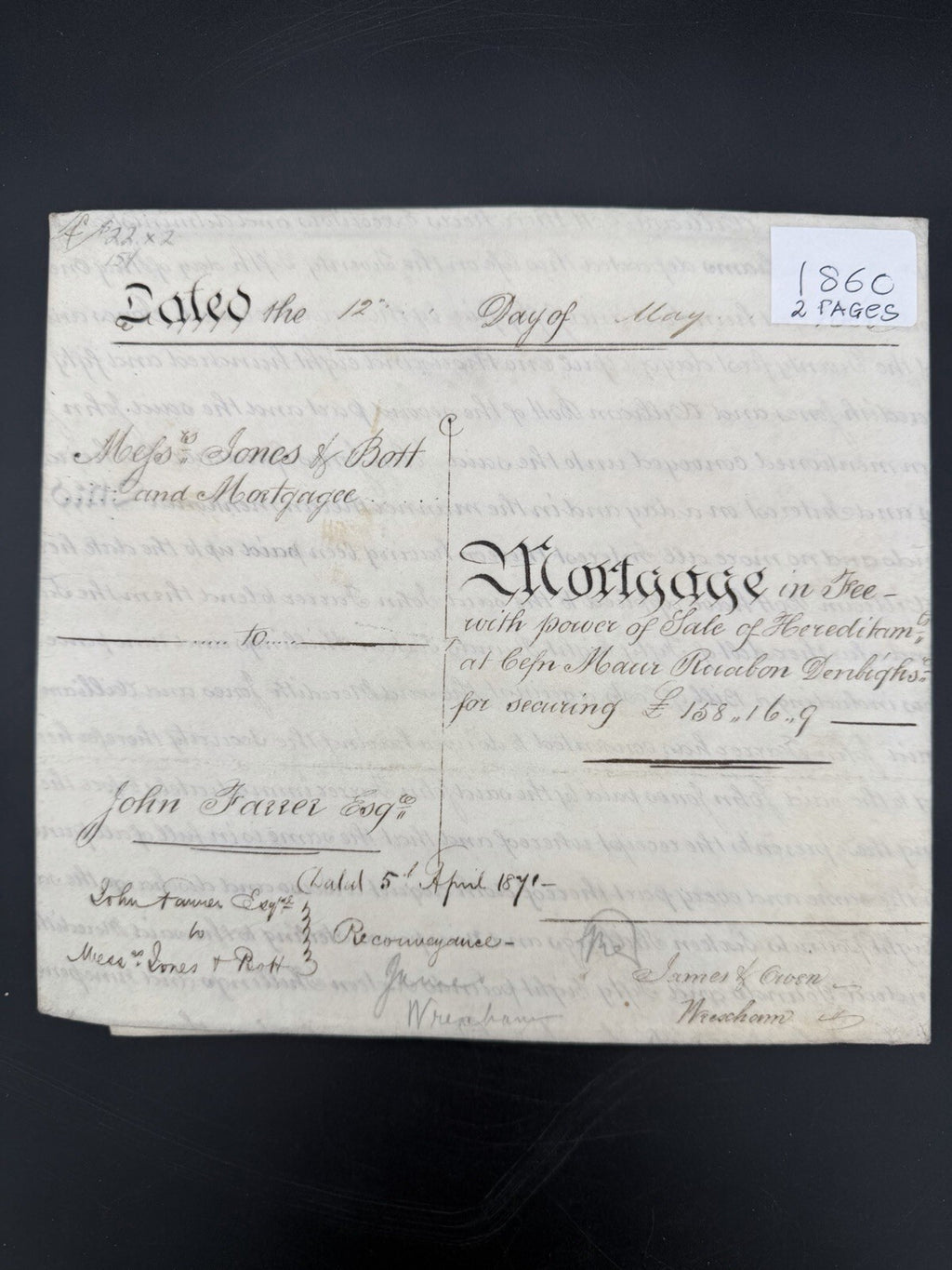 1860 Antique Vellum Mortgage Indenture – Denbighshire, Wales – Legal History