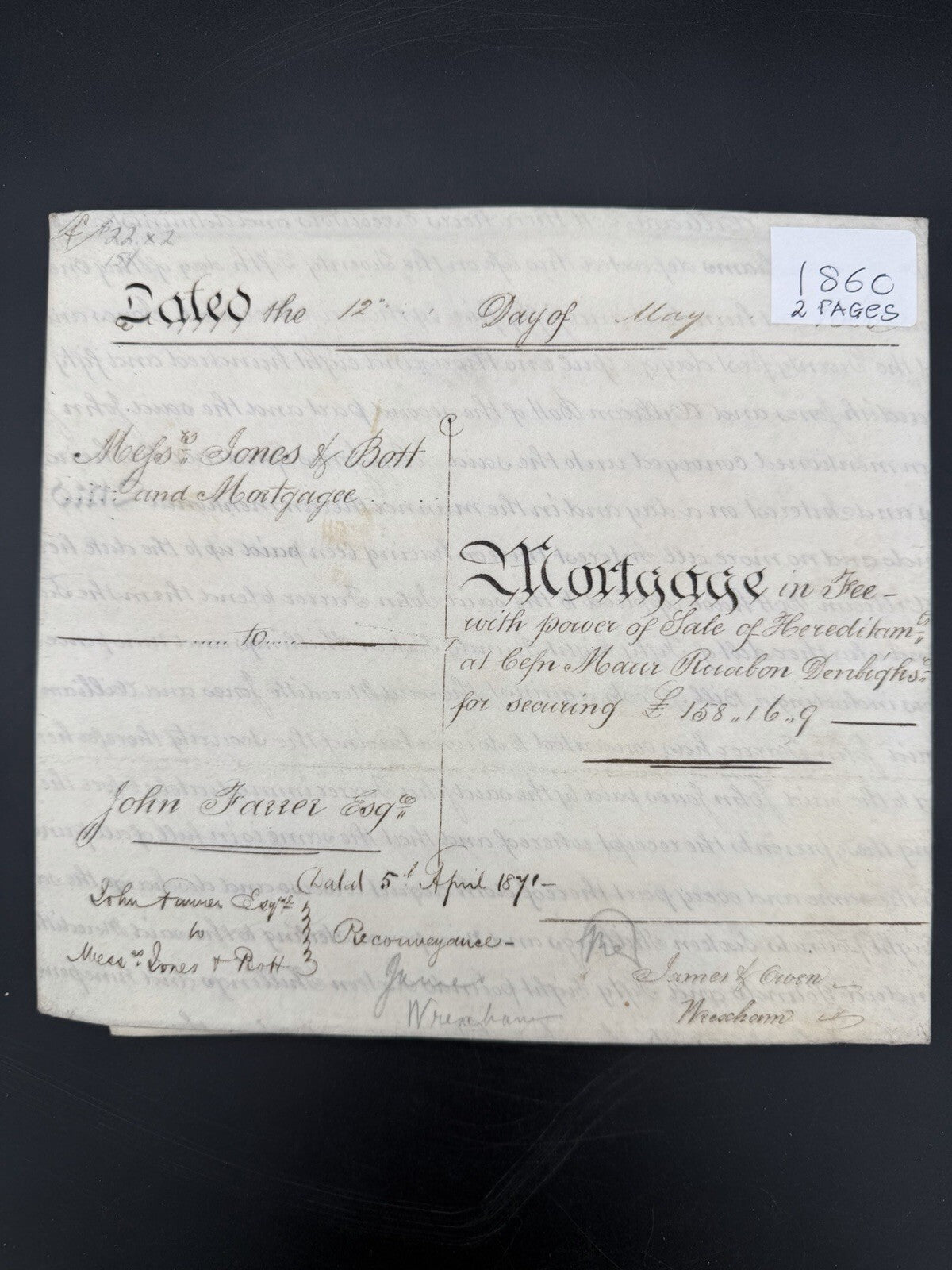 1860 Antique Vellum Mortgage Indenture – Denbighshire, Wales – Legal History