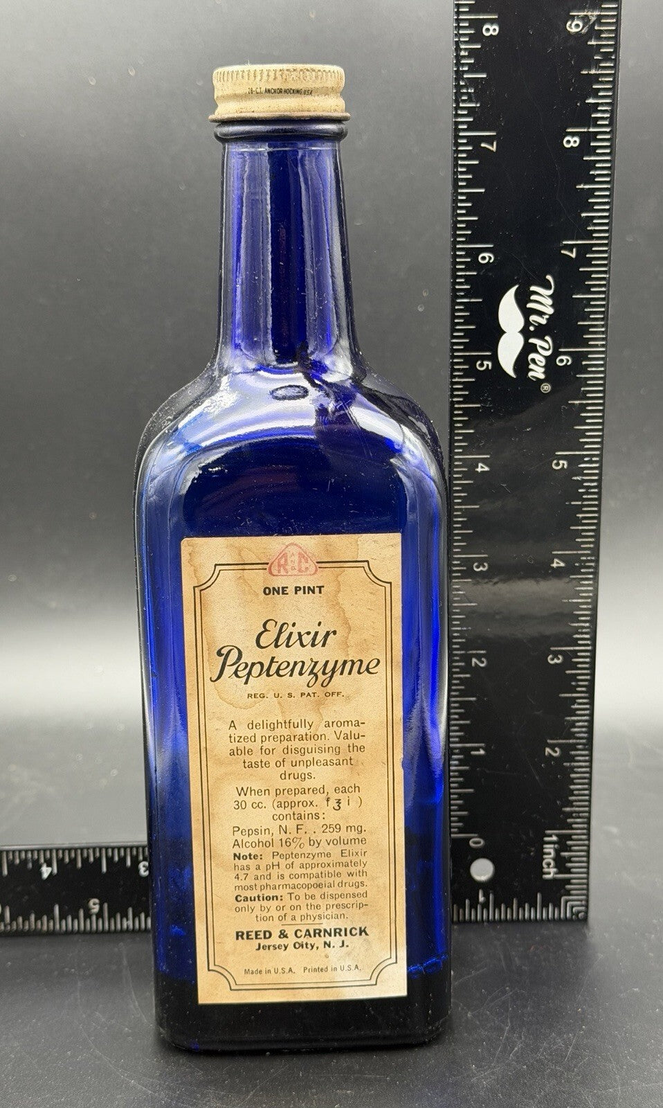 Vintage Cobalt Blue Elixir Peptenzyme Medicine Bottle Reed & Carnrick 1 Pint