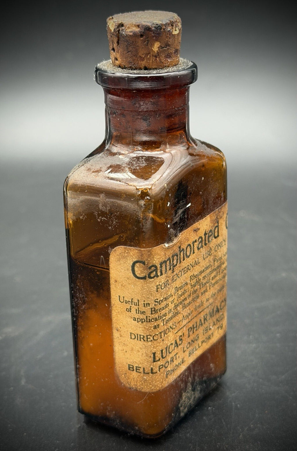 Antique Lucas' Pharmacy Camphorated Oil Amber Glass Bottle Bellport NY Cork