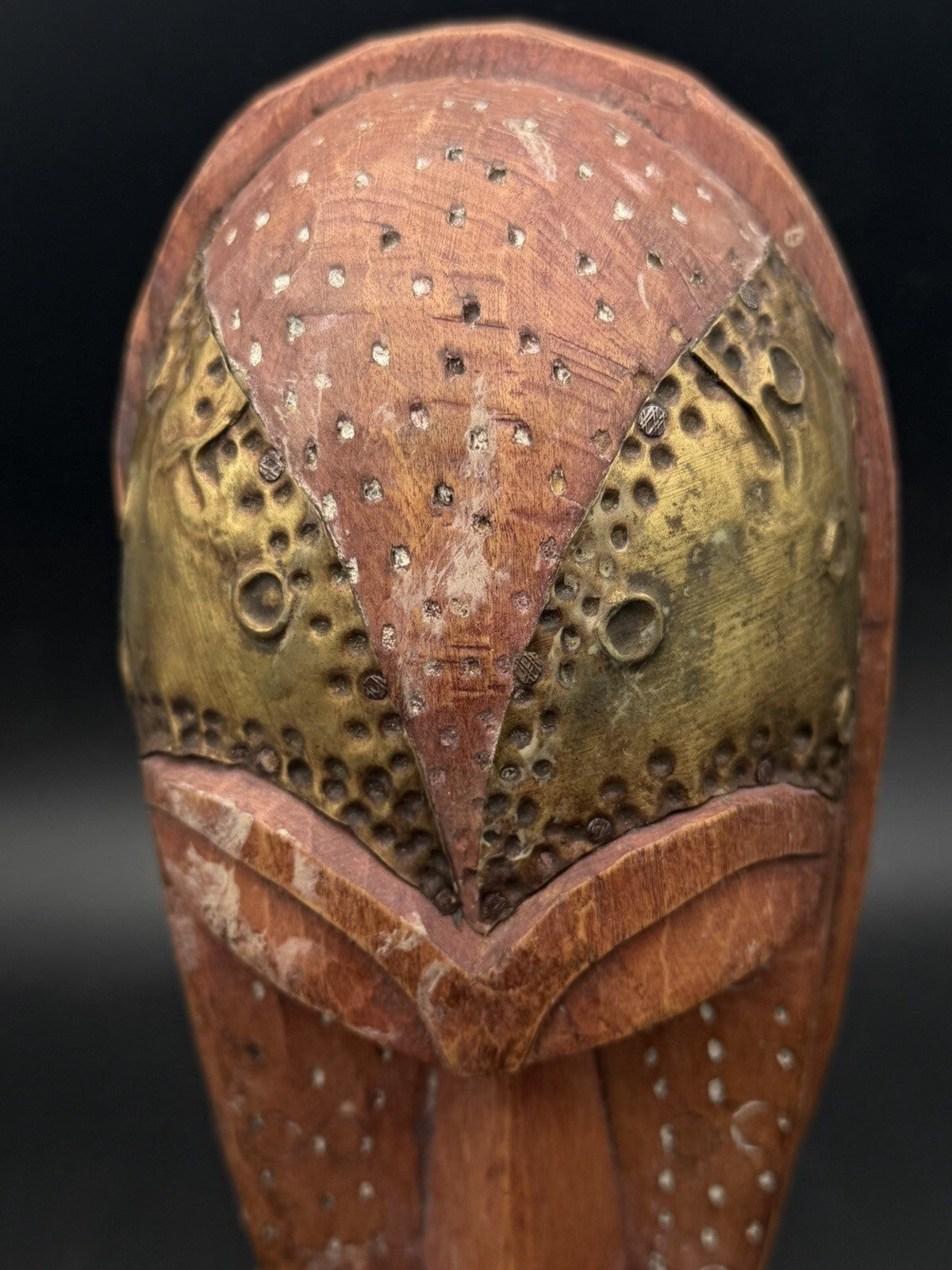 Hand Carved African Wood Mask Brass Metal Inlay Wall Art Decor Made in Ghana 11"