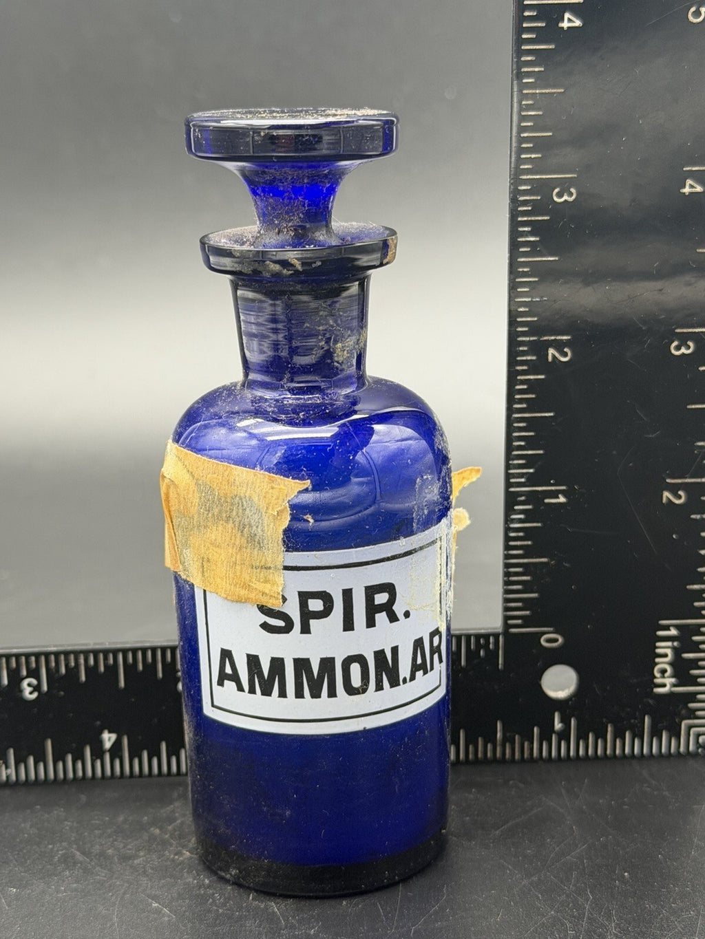 Antique Cobalt Blue Glass Apothecary Bottle Spir Ammon Arom W/ Stopper