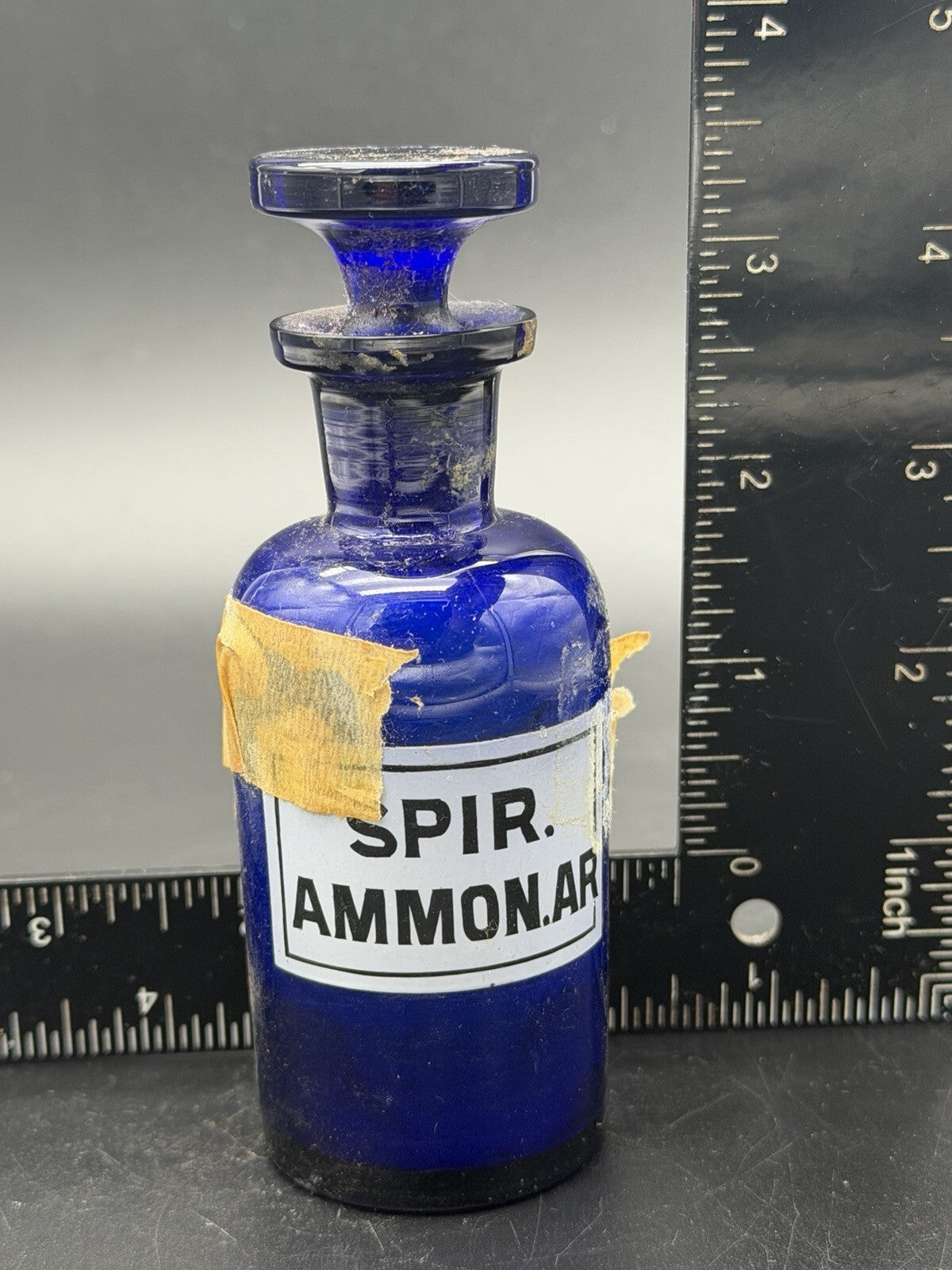 Antique Cobalt Blue Glass Apothecary Bottle Spir Ammon Arom W/ Stopper