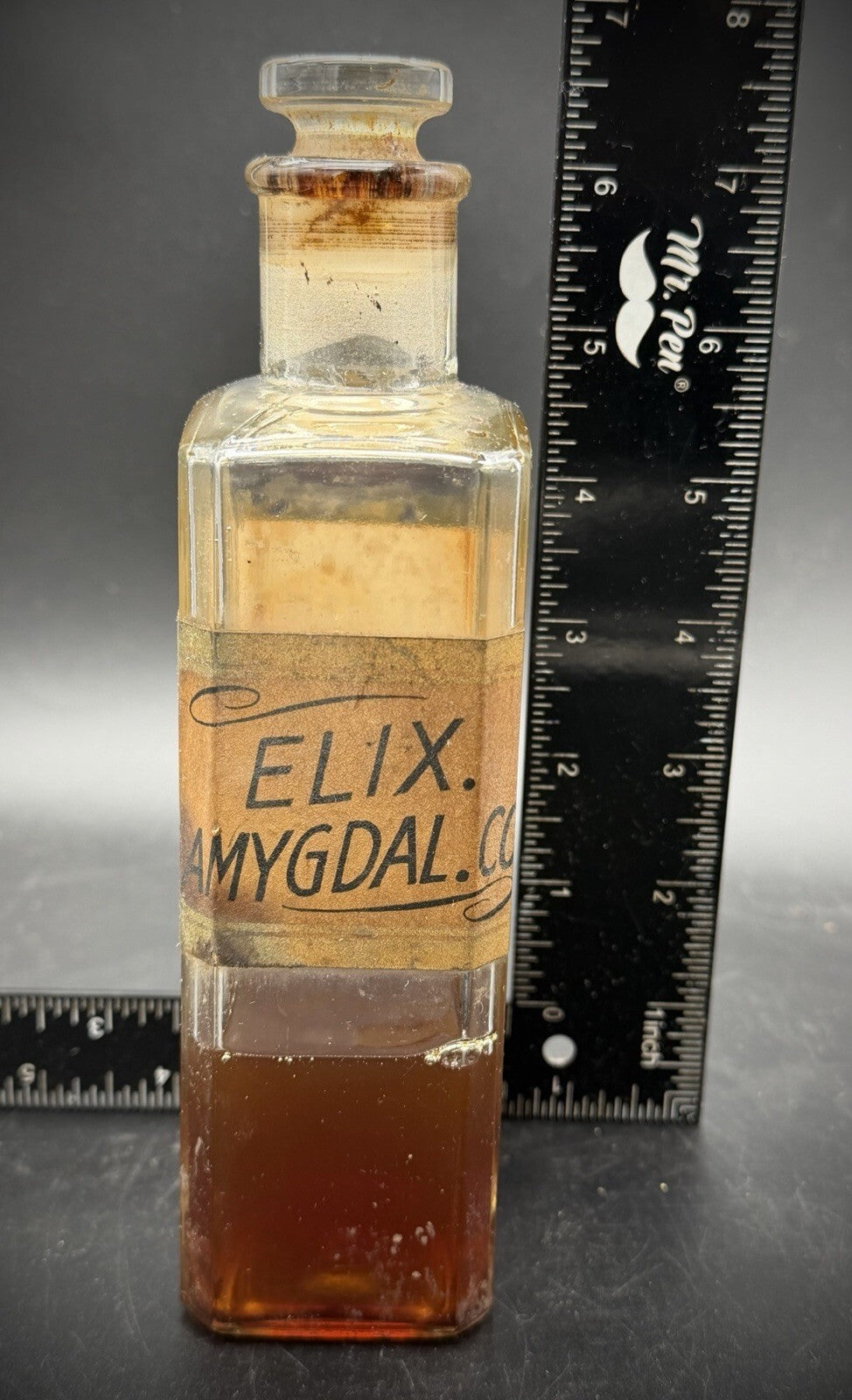 Antique Apothecary "Elix. Amygdal. Co." Old Pharmacy Bottle with Glass Stopper
