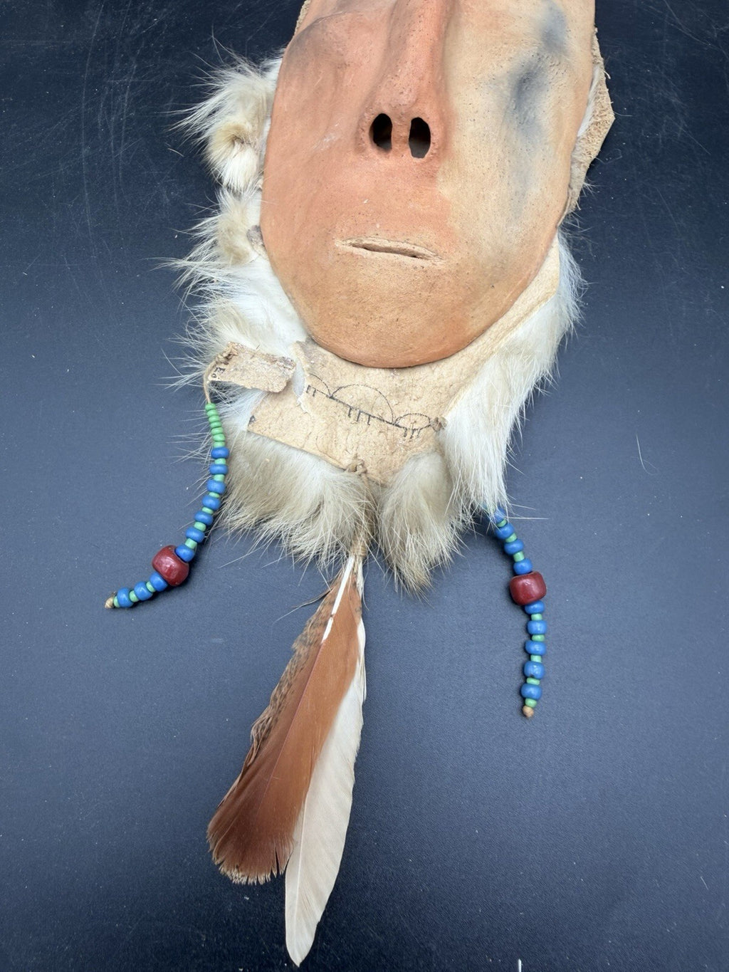 Handmade Clay Face Mask Wall Hanging Fur Beads Feathers Folk Art
