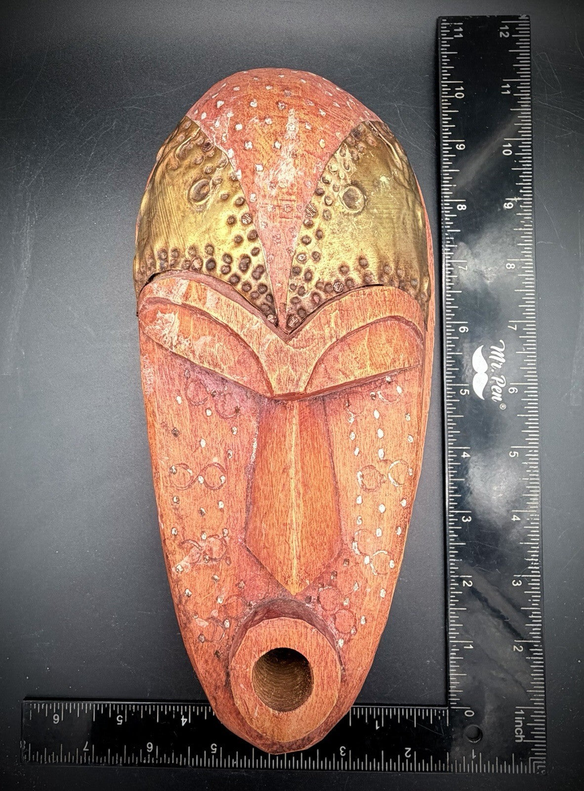 Hand Carved African Wood Mask Brass Metal Inlay Wall Art Decor Made in Ghana 11"