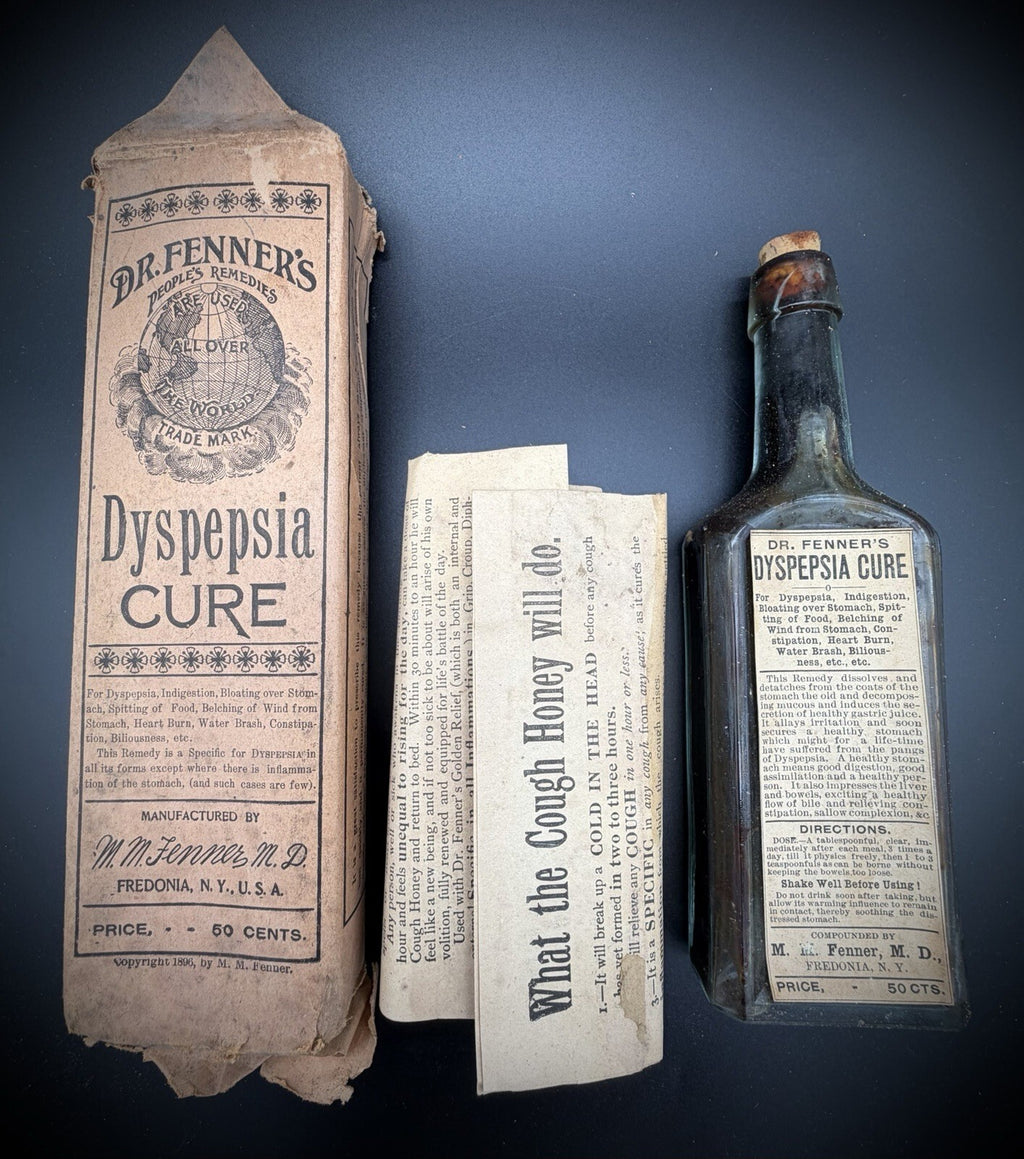 ⁠Antique Dr. Fenner's Dyspepsia Cure Bottle Unused Box Paperwork Quack Medicine