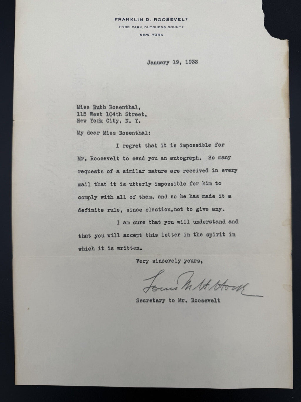 1930s Letter Signed by Louis Howe, Secretary to FDR - Denying Autograph Request