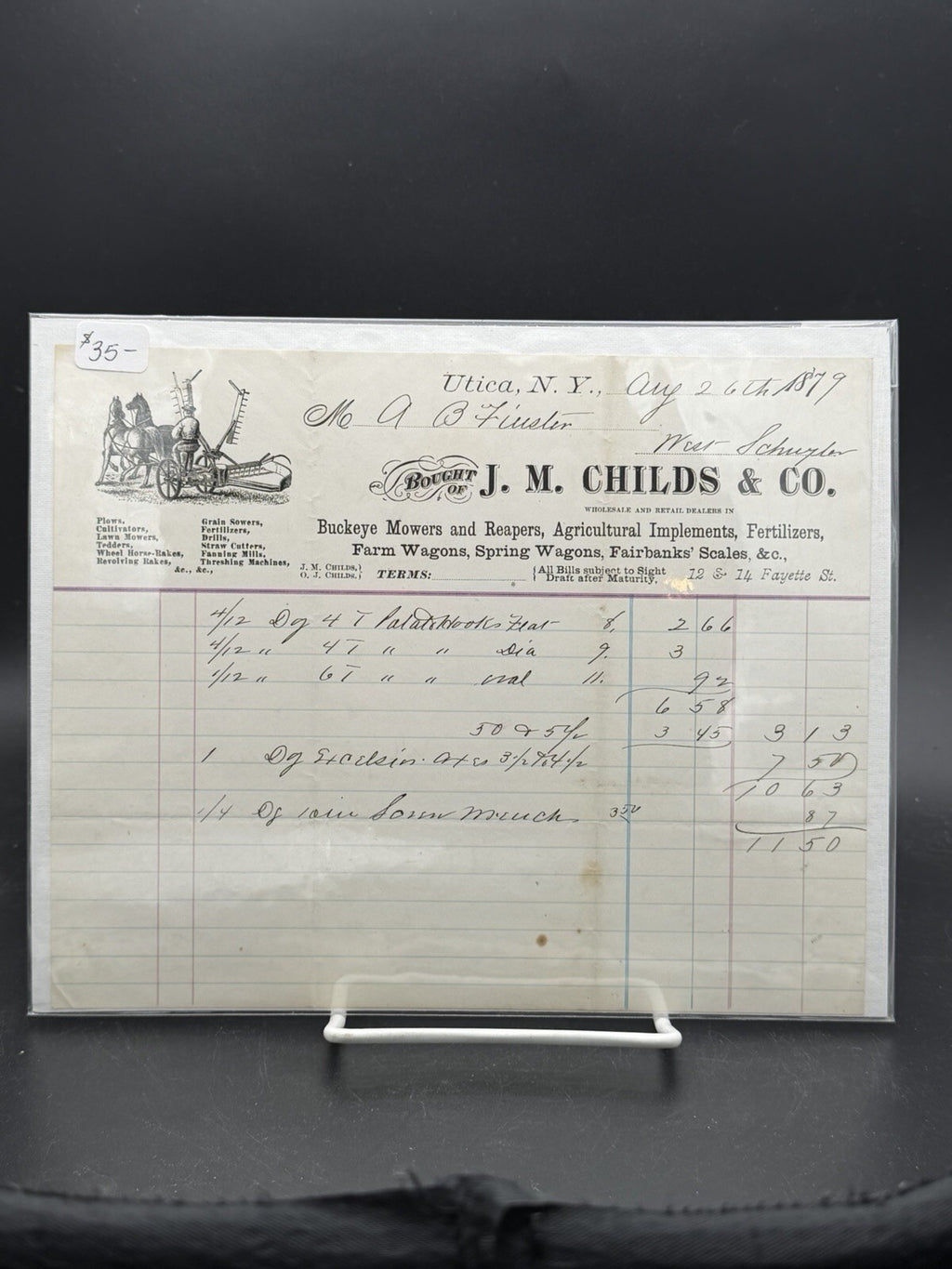 1879 J.M. Childs and Co. Invoice Billhead – Utica NY Buckeye Mower Farm Implements Art