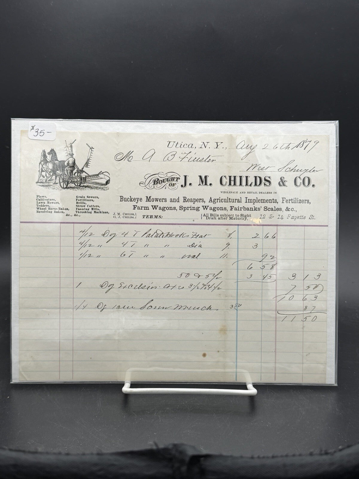1879 J.M. Childs and Co. Invoice Billhead – Utica NY Buckeye Mower Farm Implements Art