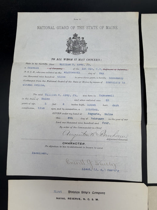 1903-1904 Maine National Guard Naval Reserve Discharge & Letters William H. Arey