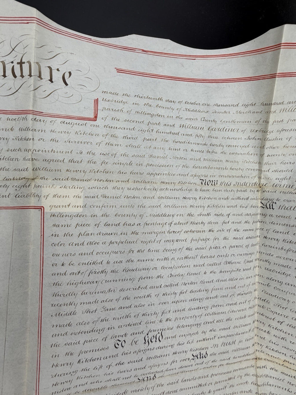 1853 Antique Vellum Land Deed: Hillingdon, Middlesex - Hand-Drawn Map (Signed)