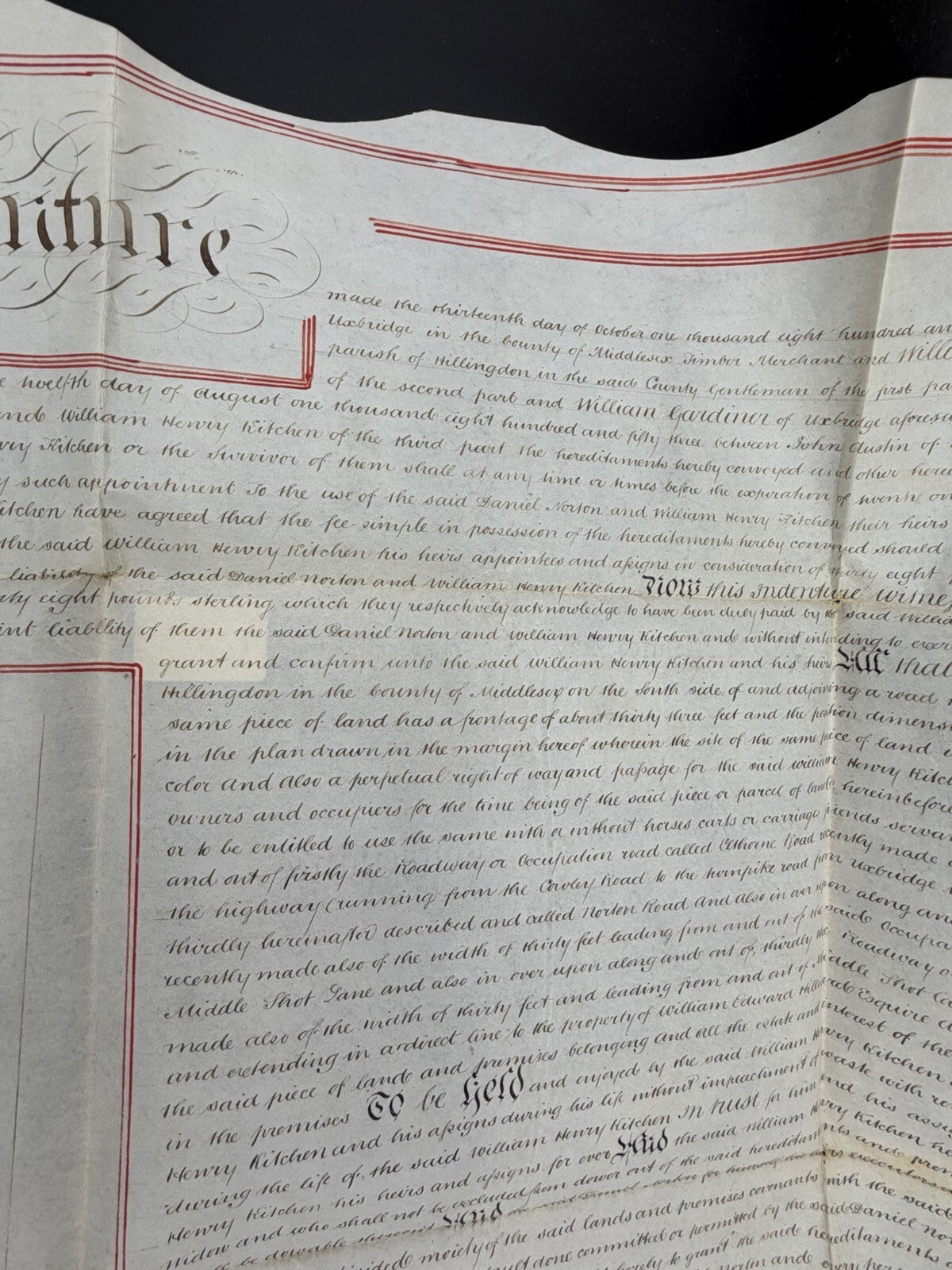 1853 Antique Vellum Land Deed: Hillingdon, Middlesex - Hand-Drawn Map (Signed)