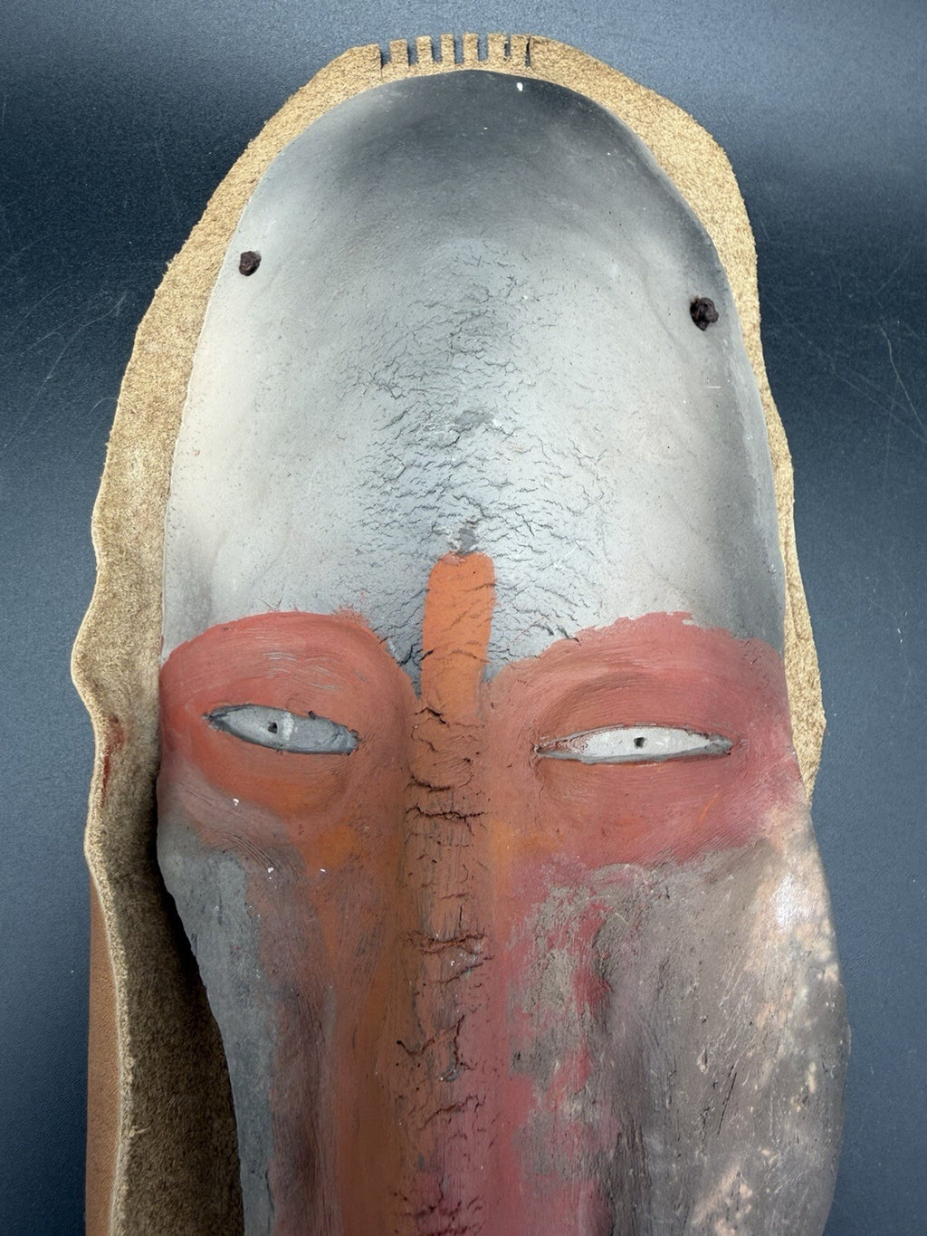 Handmade Clay Face Mask Leather Beaded Feather Wall Hanging Folk Art
