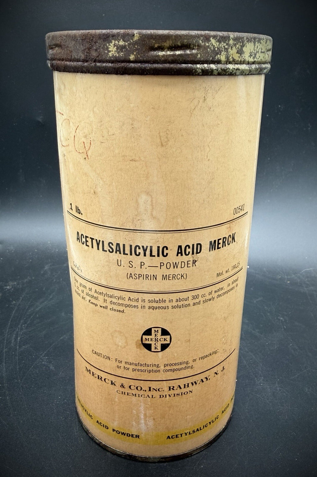Vintage Apothecary Merck & Co. Acetylsalicylic Acid (Aspirin) 1 lb. Powder Tin