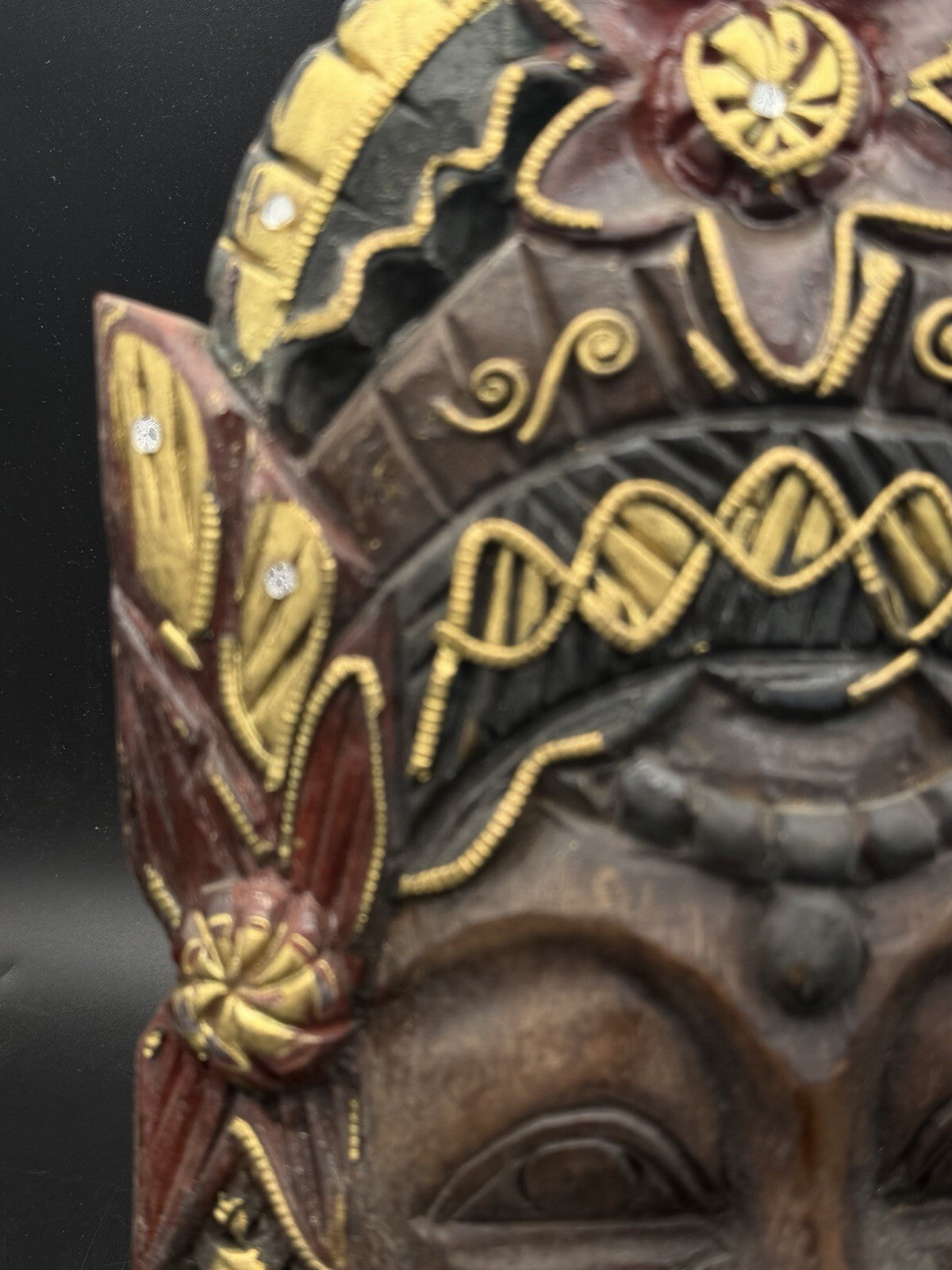 Vintage Balinese Wooden Mask Hand Carved Goddess Mirror Inlays Gold Painted 10"