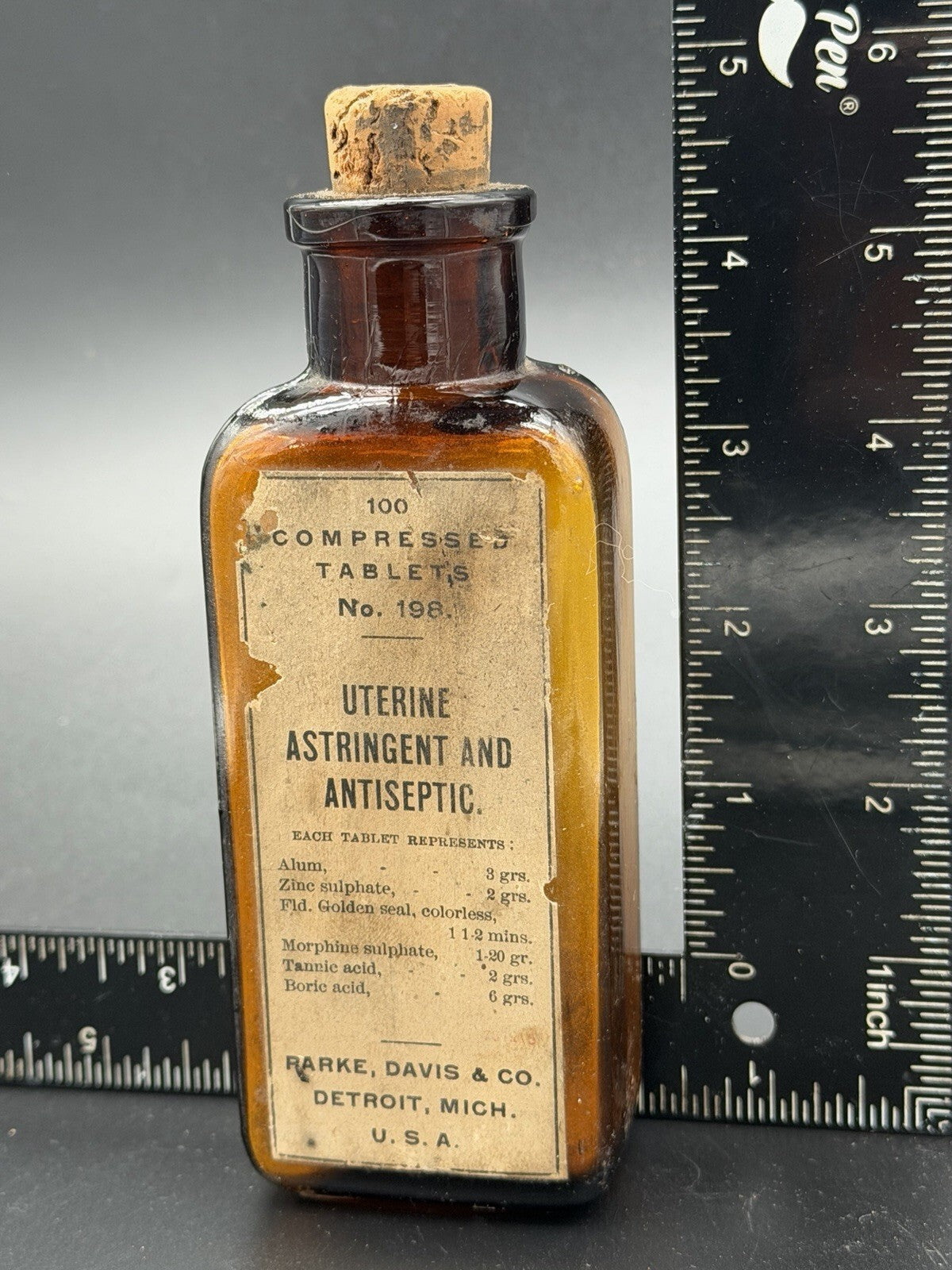 Antique Parke, Davis & Co. Amber Glass Bottle Uterine Astringent & Antiseptic
