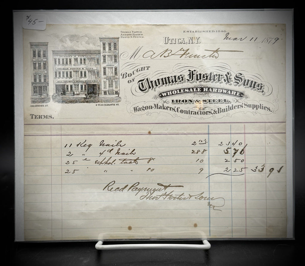 1879 Thomas Foster and Sons Invoice – Utica NY Wholesale Hardware Store Art