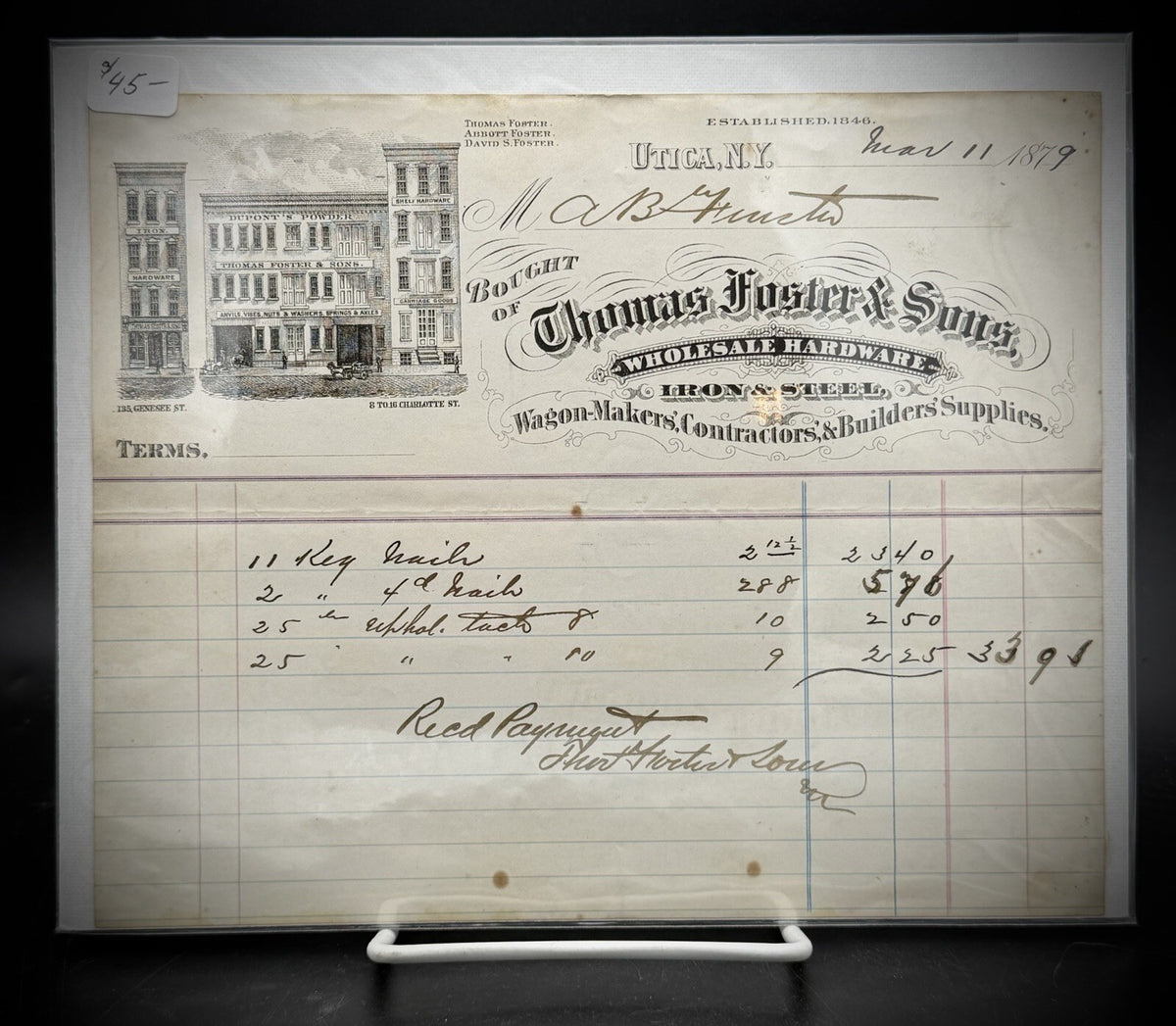 1879 Thomas Foster and Sons Invoice – Utica NY Wholesale Hardware Store Art