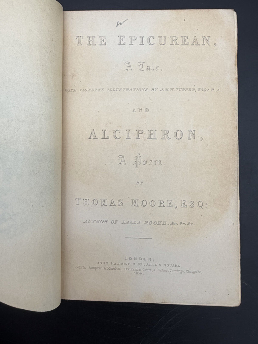 1839 The Epicurean & Alciphron by Thomas Moore – Illus. by J.M.W. Turner – Rare