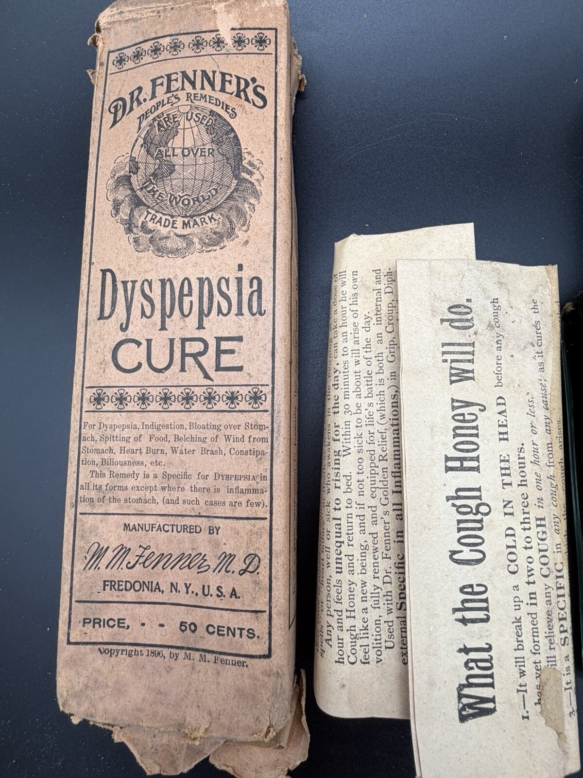 ⁠Antique Dr. Fenner's Dyspepsia Cure Bottle Unused Box Paperwork Quack Medicine