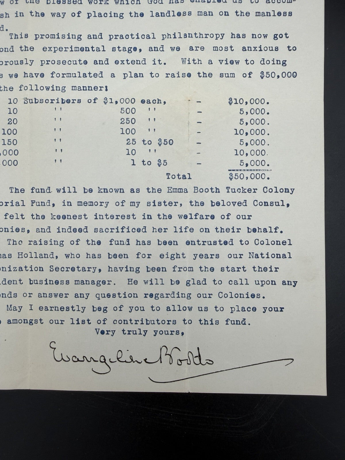 Rare 1900s Signed Evangeline Booth Salvation Army Farm Colony Letter & Stats