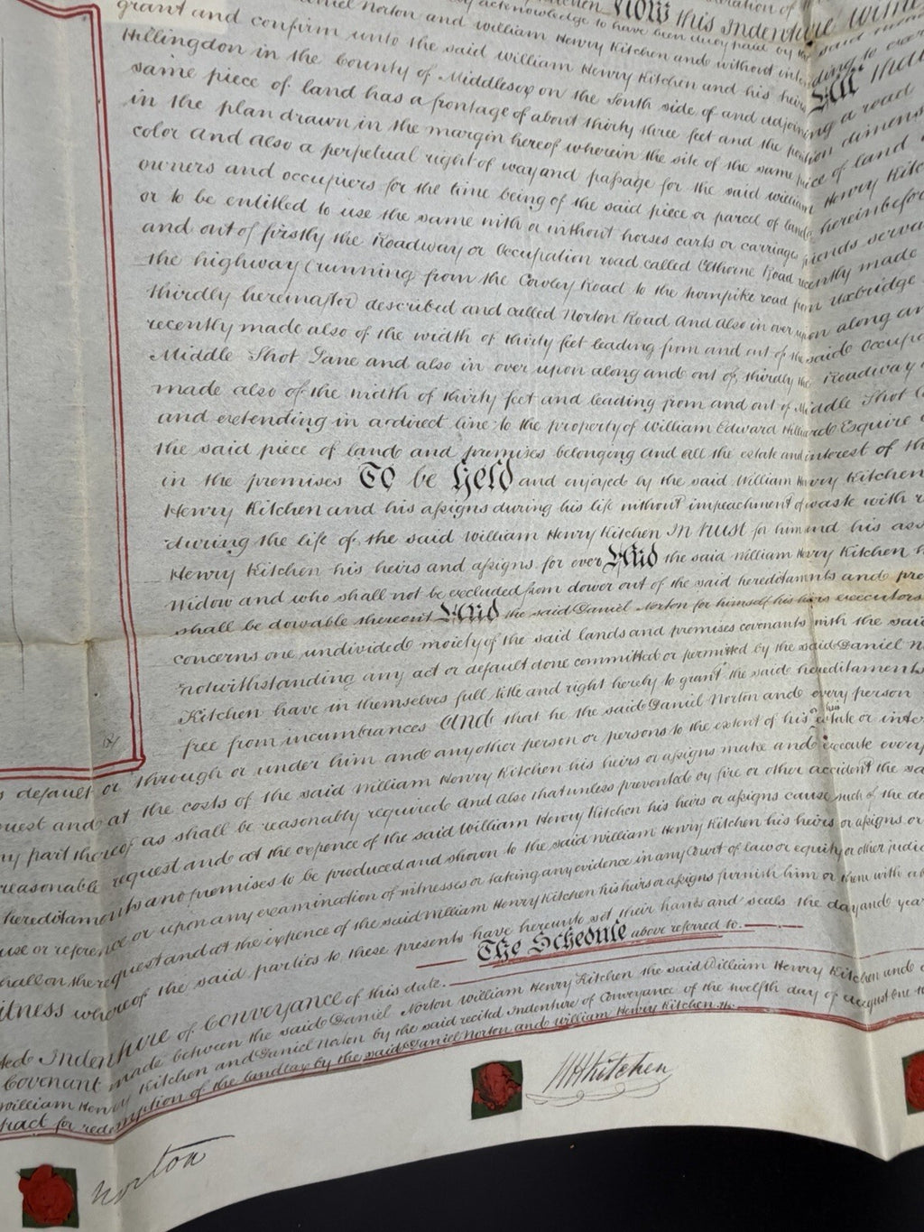 1853 Antique Vellum Land Deed: Hillingdon, Middlesex - Hand-Drawn Map (Signed)