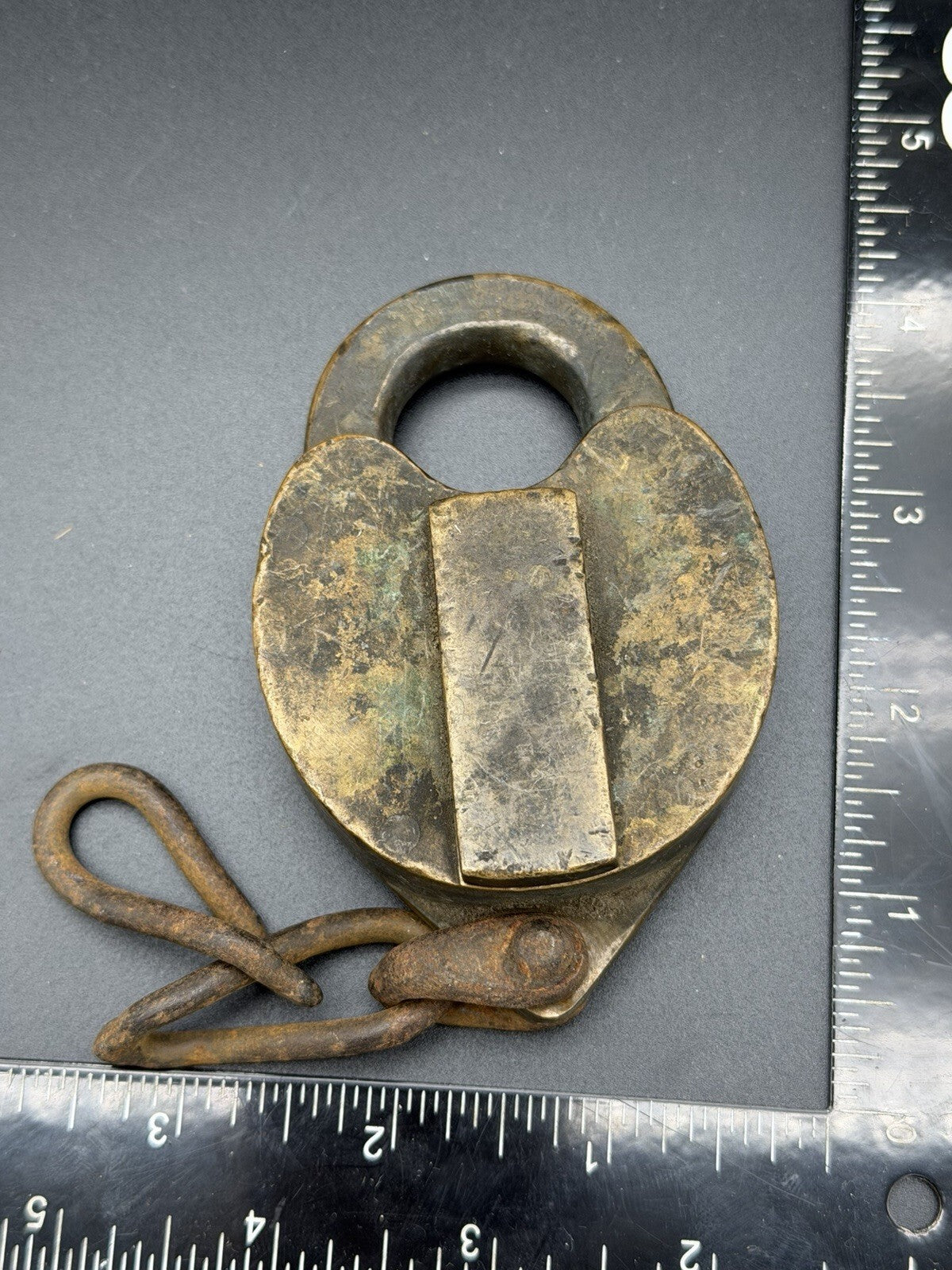 Antique Brass Heart Padlock Heavy Cast Lock with Chain Primitive Hardware