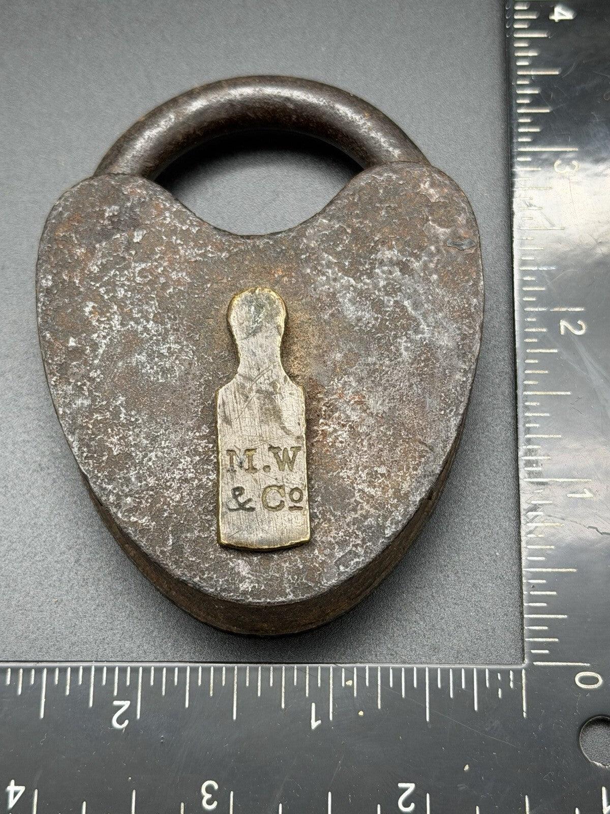 Antique Iron Heart Padlock w/ Brass Tag M.W. & Co. 19th Century Industrial Lock