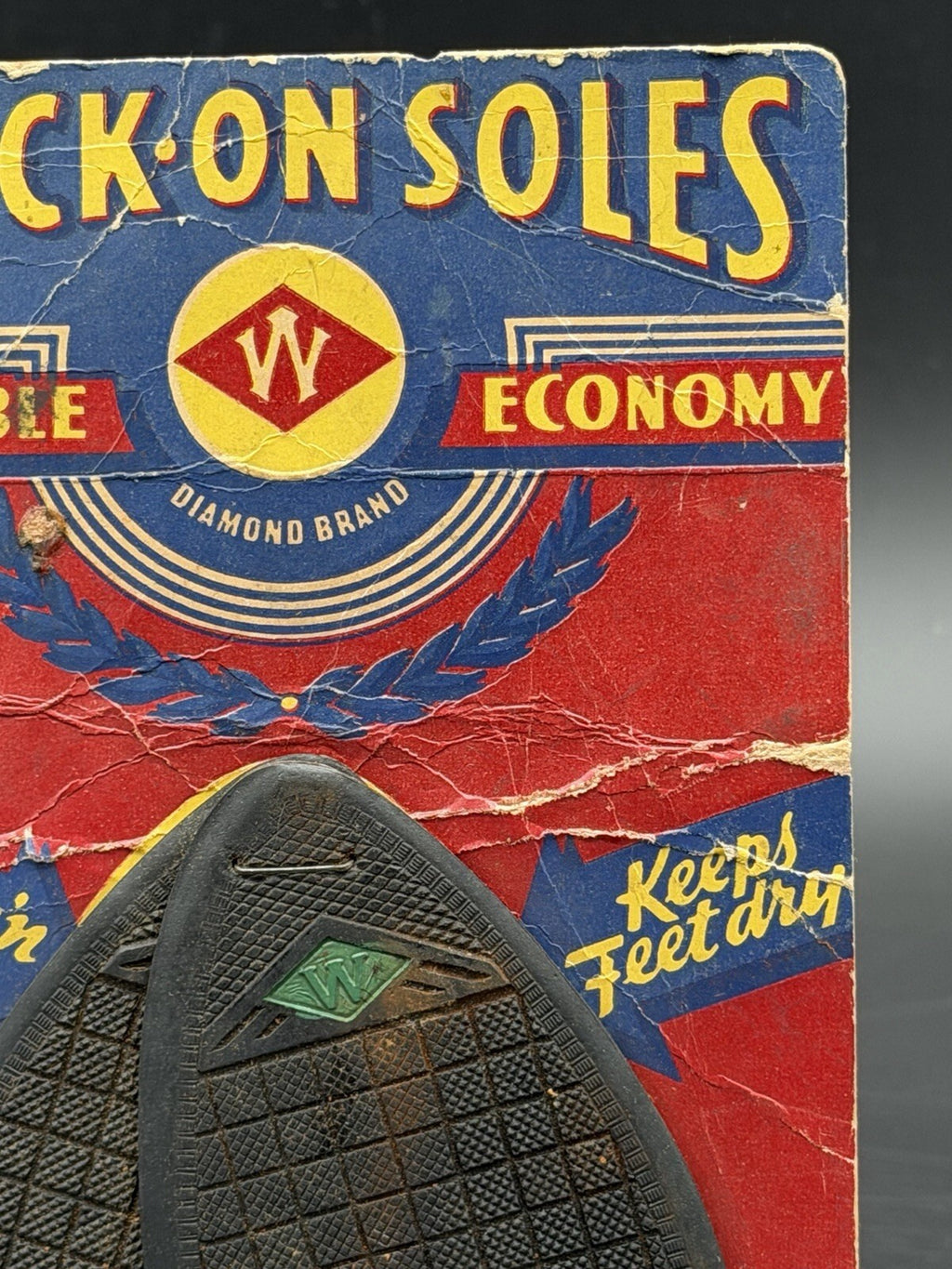 Vintage Stick-On Soles Diamond Brand Shoe Repair Kit Display Card Advertisement