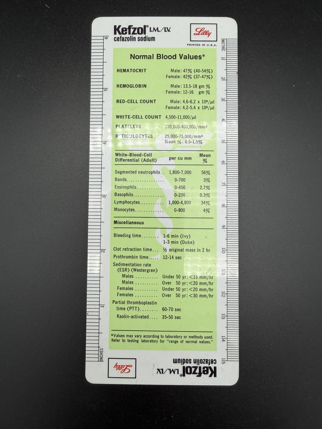 Vintage Eli Lilly Kefzol Blood and Urine Medical Pocket Reference Card Ruler