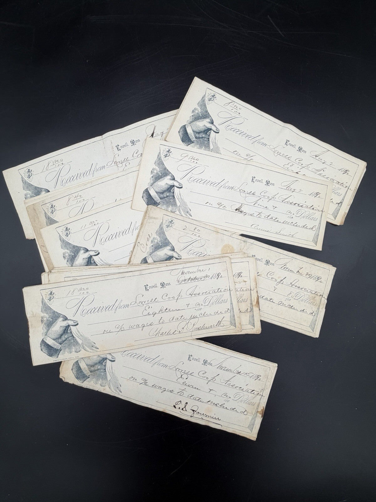 Antique 1890s Lowell Mass Coop Association Wage Receipts Vignette Ephemera Lot