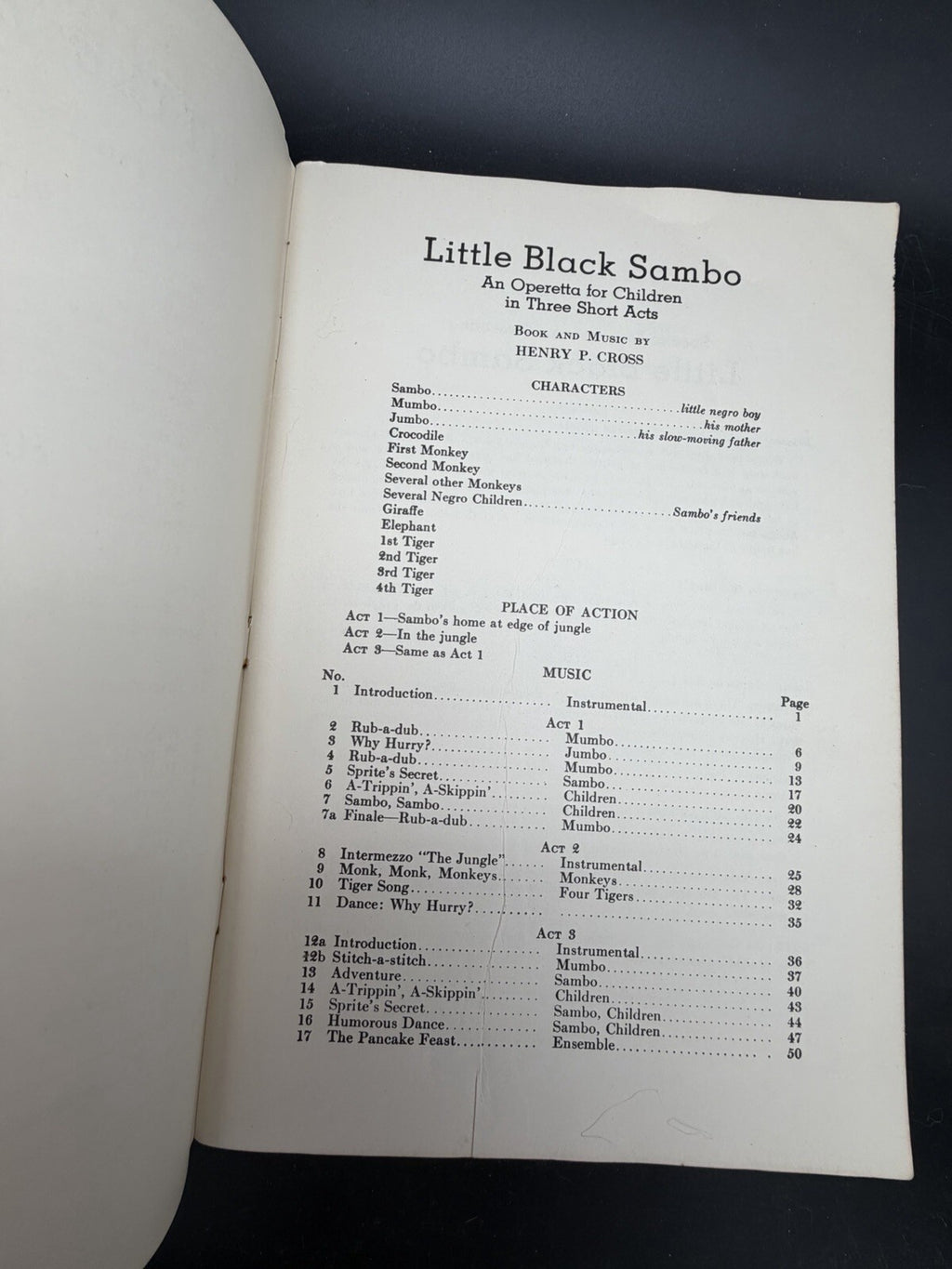 Vintage 1936 Little Black Sambo Operetta Children Sheet Music Book Henry P Cross