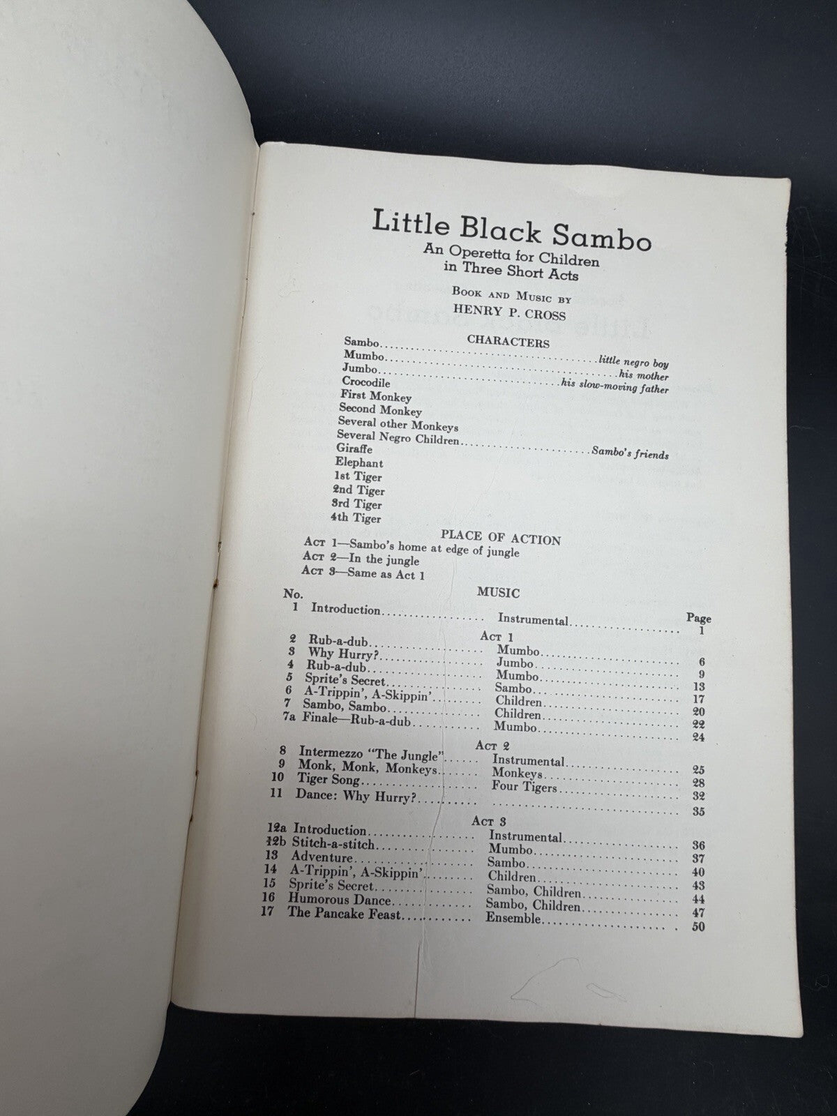 Vintage 1936 Little Black Sambo Operetta Children Sheet Music Book Henry P Cross