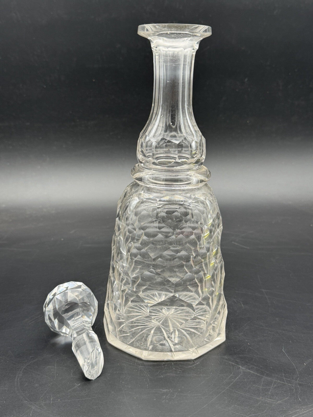 Antique Cut Glass Decanter Bottle Heavy Diamond Geometric Pattern As Is