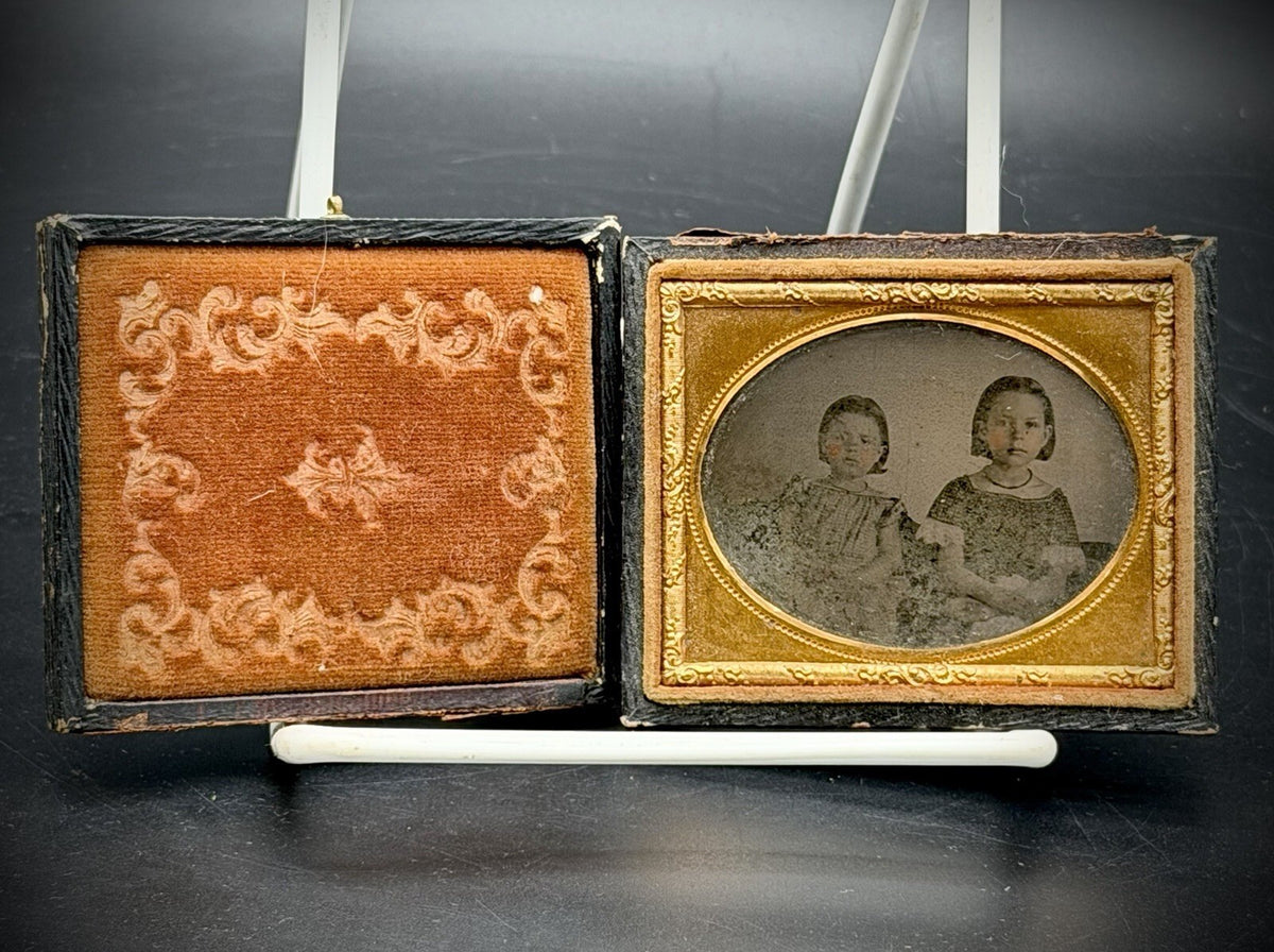 1850s Ambrotype Two Girls Sisters Tinted Embossed Leather Case 1/6 Photo Vtg