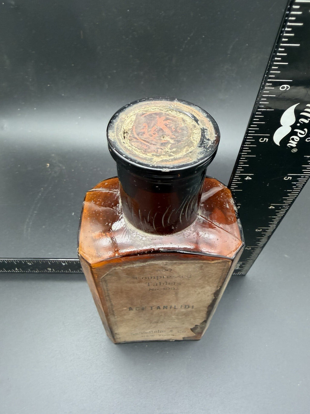 Antique Schieffelin and Co. Acetanilide Amber Glass Bottle w Label Quack Medicine